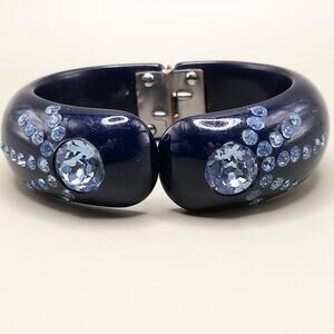 Vintage Lucite Rhinestone Hinged Bracelet Blue Black Weiss Style